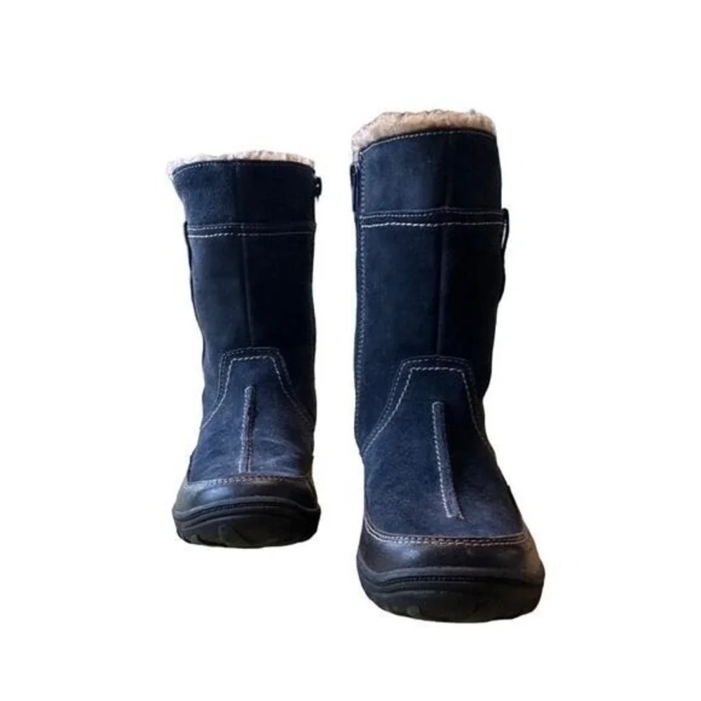 Navy Blue Suede Mid-Calf Winter Boots Faux Fur Lined Zipper‎ Detail Womens